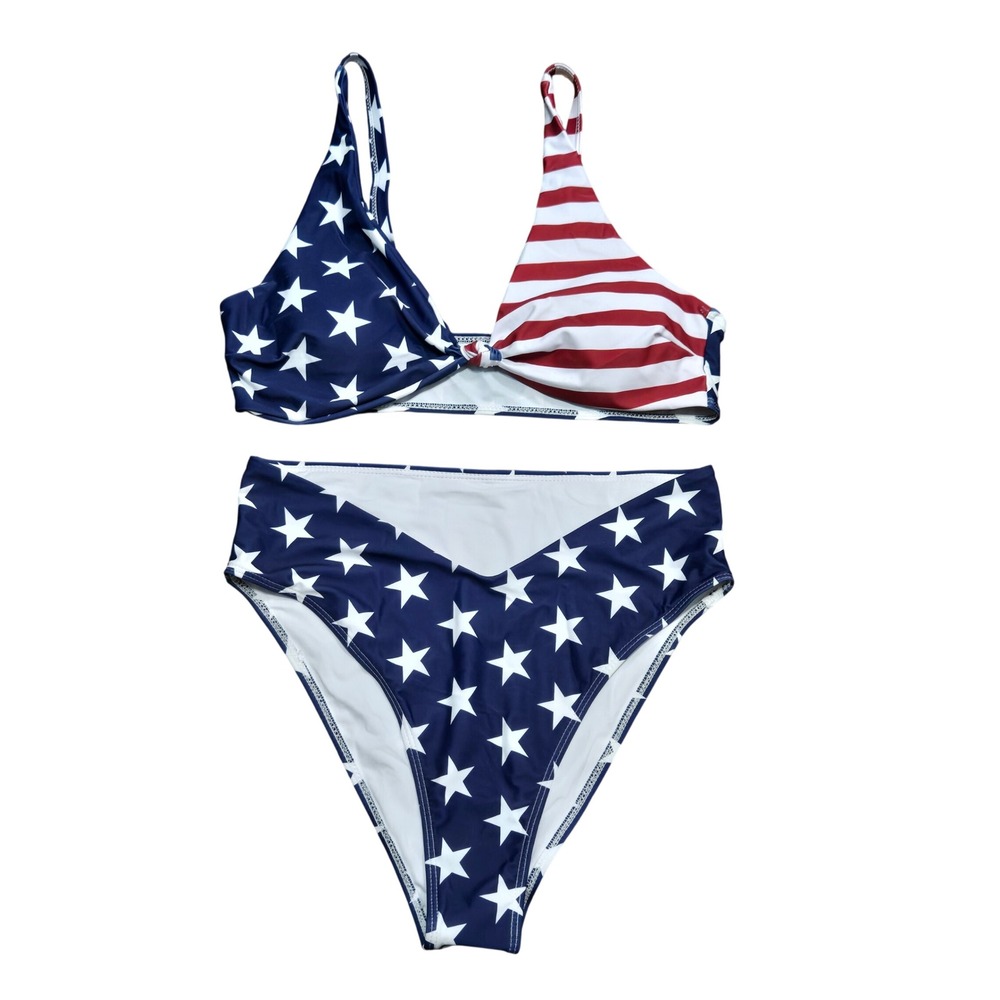 Patriotic American Flag Stars Stripes High Waisted Bikini Set XL Red White Blue